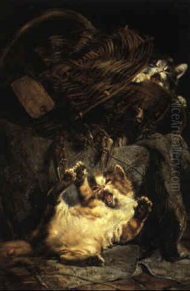 Spielende Katzen Und Ein Korb Mit Katzen Oil Painting by Julius Adam the Younger