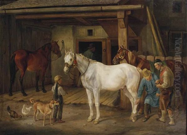 At The Blacksmith's Oil Painting by Albrecht Adam