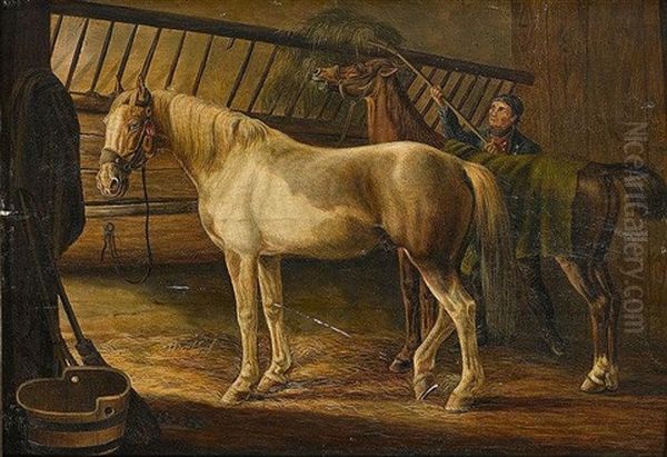 Bauer Im Stall Mit Zwei Pferden Oil Painting by Albrecht Adam