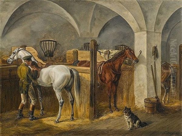 Reitknecht Mit Drei Pferden Und Hund Im Stall Oil Painting by Albrecht Adam