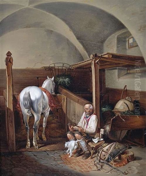 Stallinterieur Mit Einem Angebundenen Schimmel Und Einem Pferdeknecht. Stallinterieur Mit Abgesatteltem Schimmel Und Einem Postillion, Der Schlafend Auf Heusacken Liegt (pair) Oil Painting by Albrecht Adam