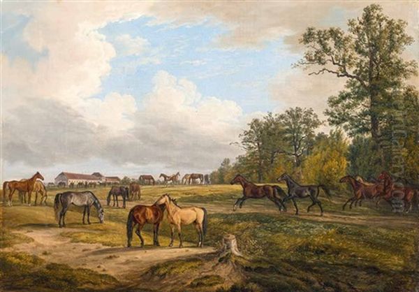 Pferde Auf Der Koppel, Im Hintergrund Ein Gestut Oil Painting by Albrecht Adam