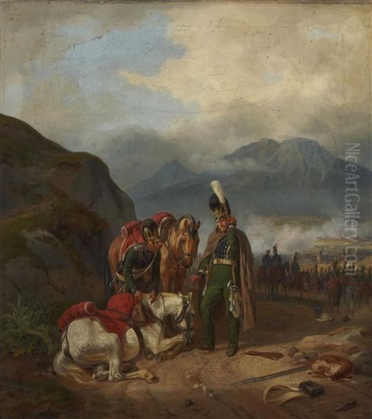 Zwei Bayerische Chevaulegers Bei Einem Verletzten Schimmel Oil Painting by Albrecht Adam