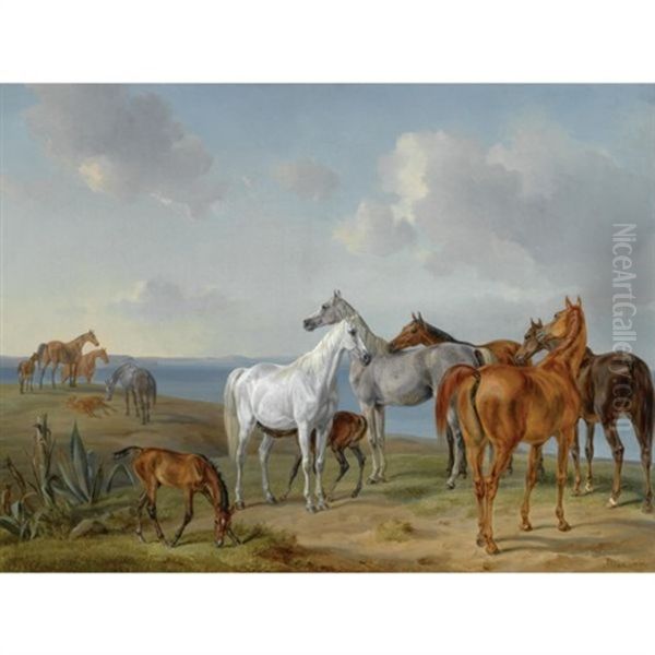 Pferde Auf Der Weide (arabian Horses At Pasture) Oil Painting by Albrecht Adam