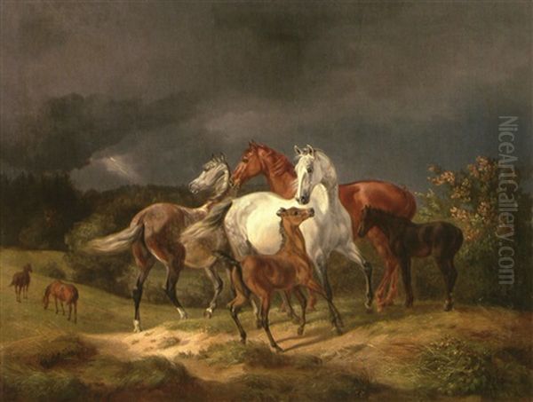 Pferde Auf Der Weide Bei Gewitter by Albrecht Adam