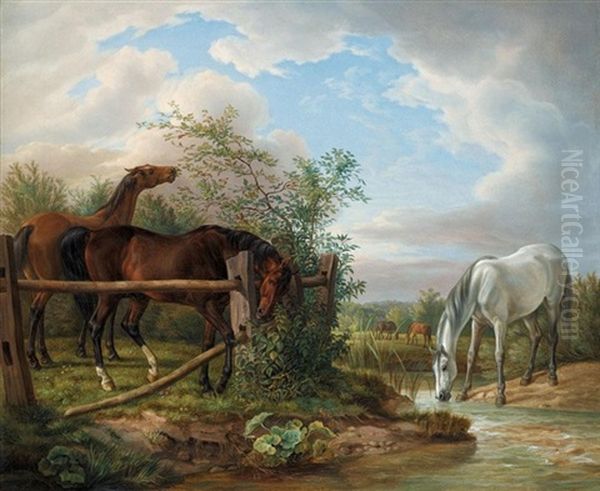 Vollbluter Auf Der Koppel (thoroughbreds In A Paddock) Oil Painting by Albrecht Adam