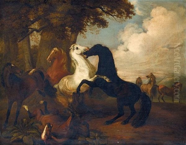 Spielende Vollbluter (thoroughbreds At Play) Oil Painting by Albrecht Adam