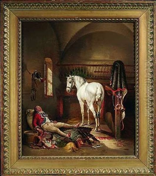 Stallinterieur Mit Abgesatteltem Schimmel Und Einem Postillon, Der Schlafend Auf Heusacken Liegt Oil Painting by Albrecht Adam