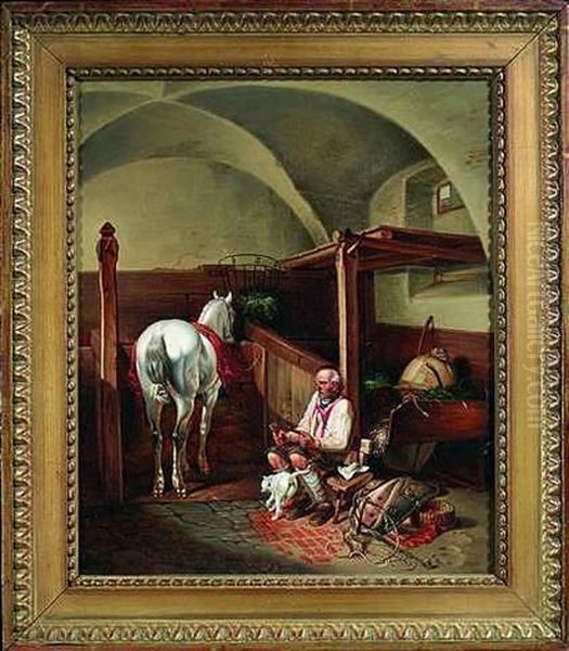 Stallinterieur Mit Einem Angebundenen Schimmel Und Einem Pferdeknecht, Der Das Sattelzeug Richtet Oil Painting by Albrecht Adam