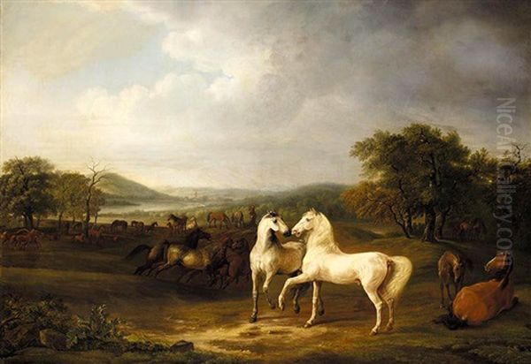 Zwei Hengste Und Andere Pferde In Einer Weiten Landschaft (two Arabian Stallions And Other Horses In An Extensive Landscape) Oil Painting by Albrecht Adam