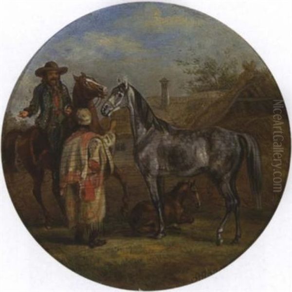 Ungarischer Reiter Mit Pferdehandler Vor Einem Bauernhaus Oil Painting by Albrecht Adam