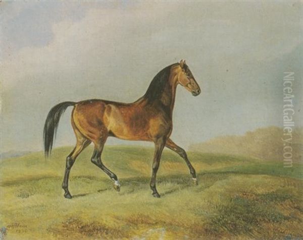 Ein Brauner Im Trab Vor Landschaftlichem Hintergrund Oil Painting by Albrecht Adam