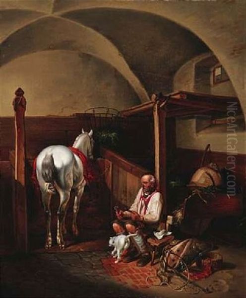 Ein Schimmel Steht Angebunden In Einem Stall Oil Painting by Albrecht Adam