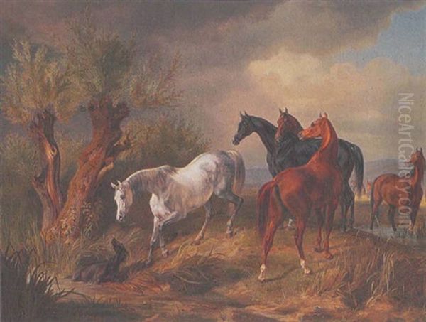 Pferde Auf Der Koppel An Der Tranke Oil Painting by Albrecht Adam