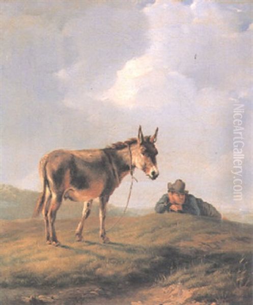 Figure Resting In A Landscape With His Donkey Oil Painting by Albrecht Adam