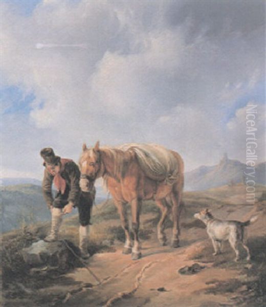 Traveller With His Horse Resting In A Landscape Oil Painting by Albrecht Adam