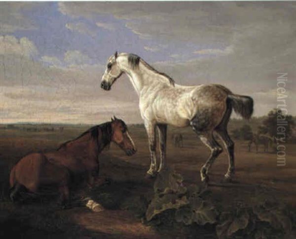 Horses In A Field Oil Painting by Albrecht Adam