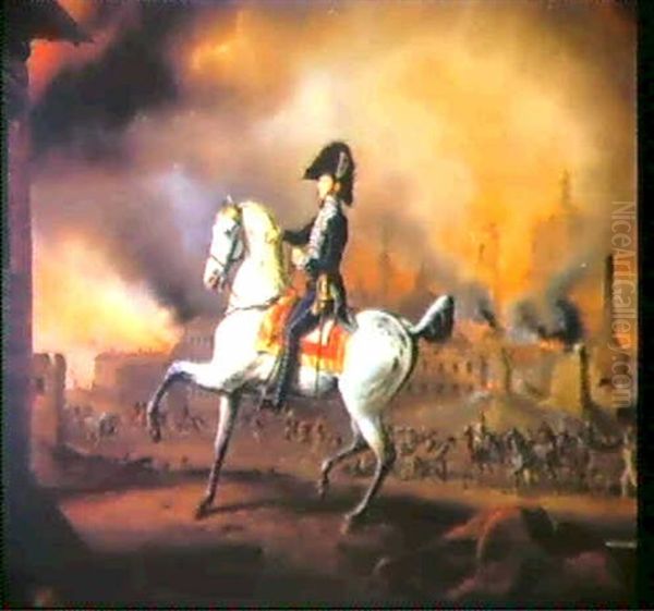 Portrait Of Count Eugenio Alari With Burning Moscow In The  Background Oil Painting by Albrecht Adam