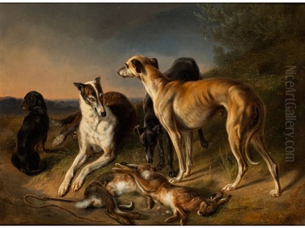 Jagdstillleben Mit Windhunden Und Hasen Oil Painting by Benno Raffael Adam