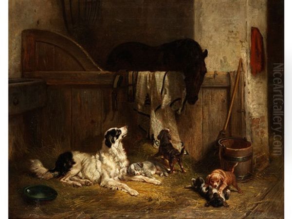 Stall Mit Pferd Und Hundefamilie Oil Painting by Benno Raffael Adam