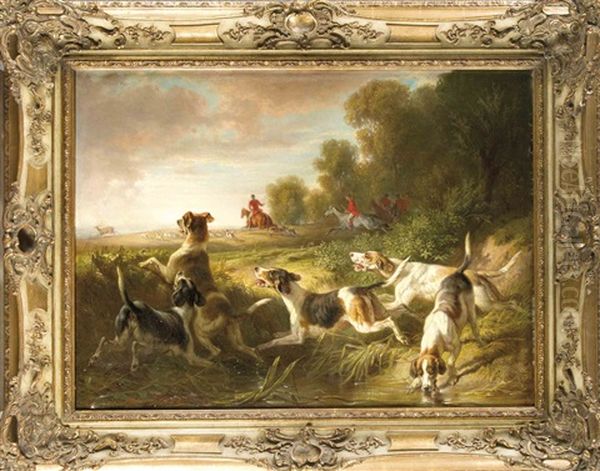 Hirschjagdszene, Von Jagern Zu Pferde Und Einer Hundemeute Verfolgter Hirsch Oil Painting by Benno Raffael Adam