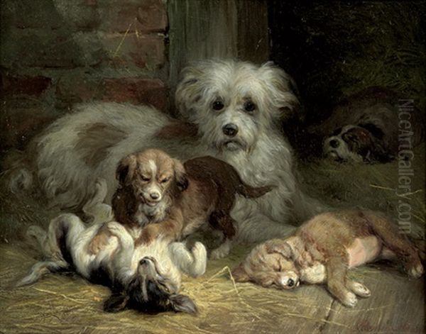 Hundefamilie Mit Spielenden Und Schlafenden Welpen Oil Painting by Benno Raffael Adam