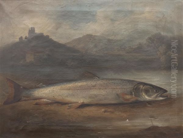 Specimen Salmon On A Riverbank Within A Landscape Oil Painting by Benno Raffael Adam