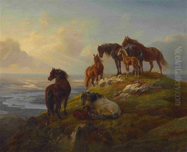 Pferde Auf Der Hochalm Oil Painting by Benno Raffael Adam