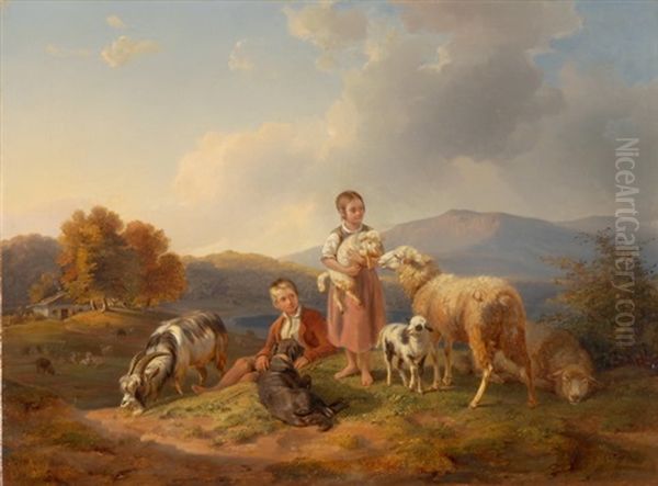 Madchen Und Knabe Mit Hirtenhund, Ziege Und Schafen Oil Painting by Benno Raffael Adam