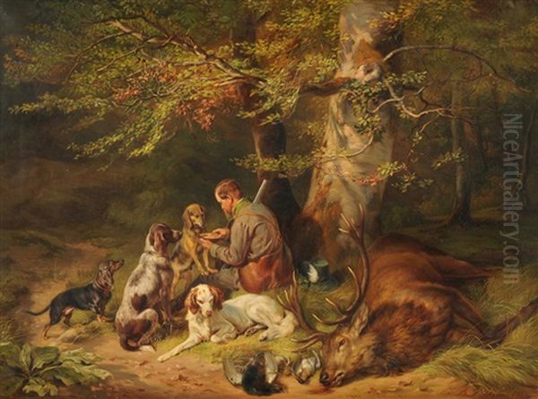 Jager Und Hunde Mit Erlegtem Wild Oil Painting by Benno Raffael Adam