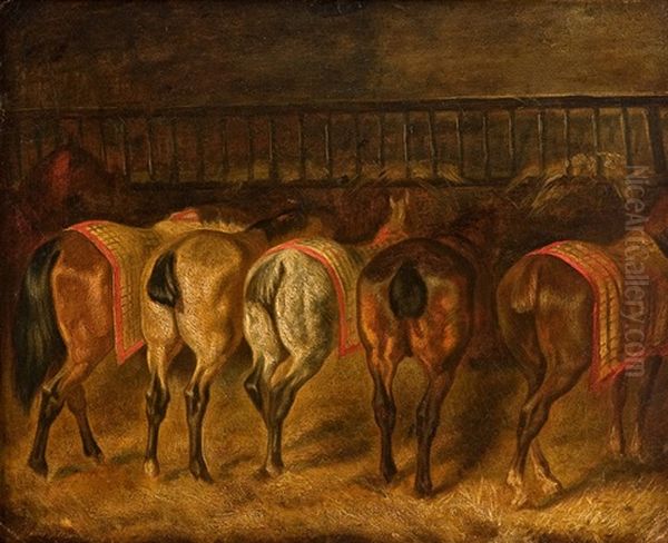 Horses In The Stable Oil Painting by Benno Raffael Adam