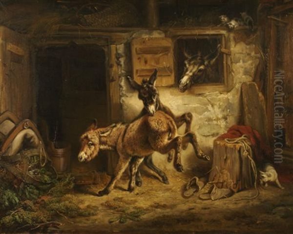 In The Stable Oil Painting by Benno Raffael Adam