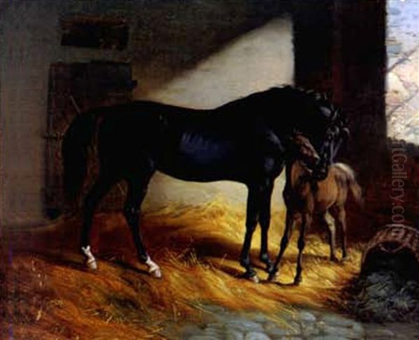 Pferd Und Fohlen In Der Stallung Balz Oil Painting by Benno Raffael Adam