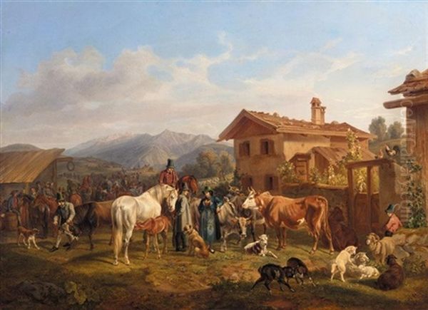 Ein Viehmarkt Im Bayrischen Gebirge (cow Market In The Bavarian Alps) Oil Painting by Benno Raffael Adam