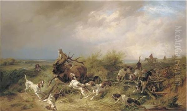 A Stag Hunt In A Coastal Landscape Oil Painting by Benno Raffael Adam