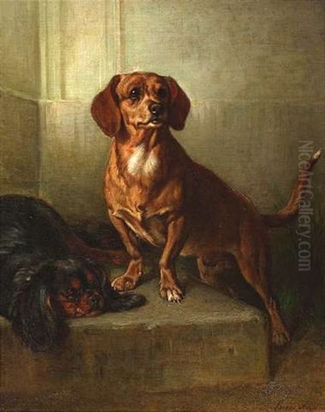 Ein Dachshund Und Ein King Charles Spaniel Auf Einem Steinpodest Oil Painting by Benno Raffael Adam