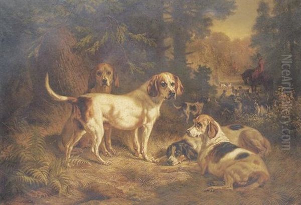 Hounds Resting In A Woodland Clearing With A Huntsman Beyond Oil Painting by Benno Raffael Adam