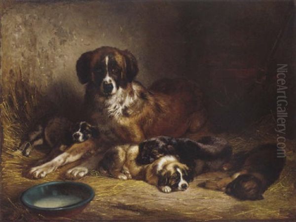 A Bernese Mountain Dog With Its Litter Oil Painting by Benno Raffael Adam