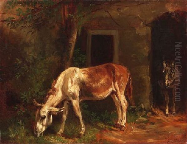 Zwei Esel Vor Dem Stall Oil Painting by Benno Raffael Adam