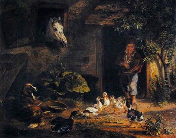 In The Farmyard Oil Painting by Benno Raffael Adam