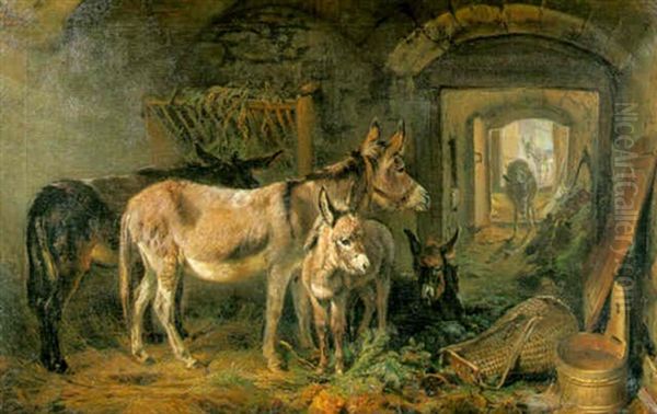 Donkeys In A Stable Interior Oil Painting by Benno Raffael Adam