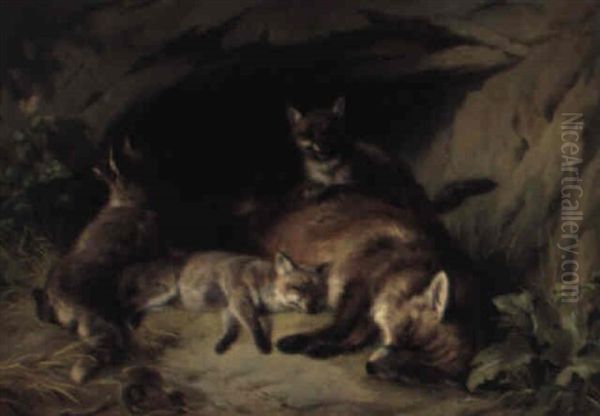 A Vixen And Her Cubs Oil Painting by Benno Raffael Adam