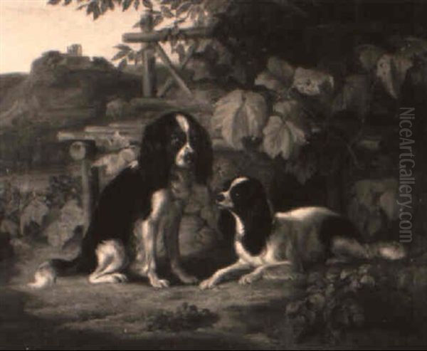 Zwei Hunde In Einer Weinlaube Oil Painting by Benno Raffael Adam