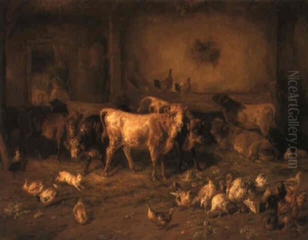 Cattle, Chickens And Ducks In A Barn Oil Painting by Benno Raffael Adam