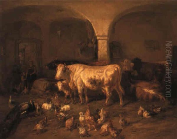 Cattle, Chickens And Peacocks In A Barn Oil Painting by Benno Raffael Adam