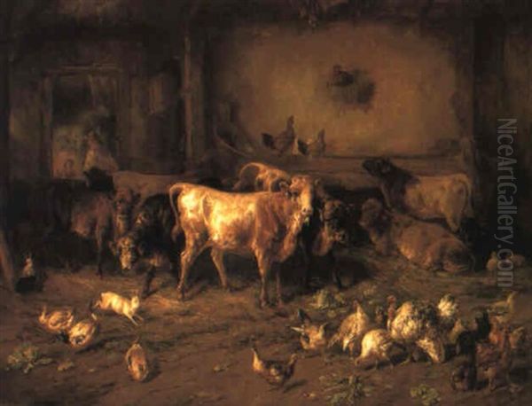 Kuhe Und Federvieh In Einem Stall Oil Painting by Benno Raffael Adam