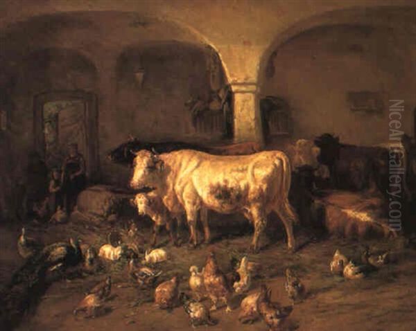 Horn- Und Federvieh In Einem Stall Oil Painting by Benno Raffael Adam