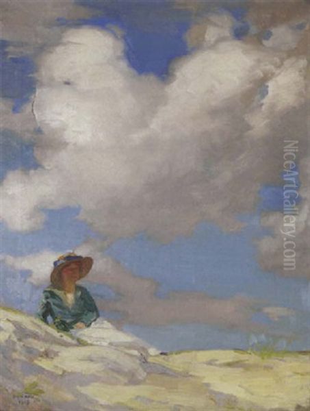 A Woman Resting On The Dunes On A Cloudy Day Oil Painting by David Livingston Adam