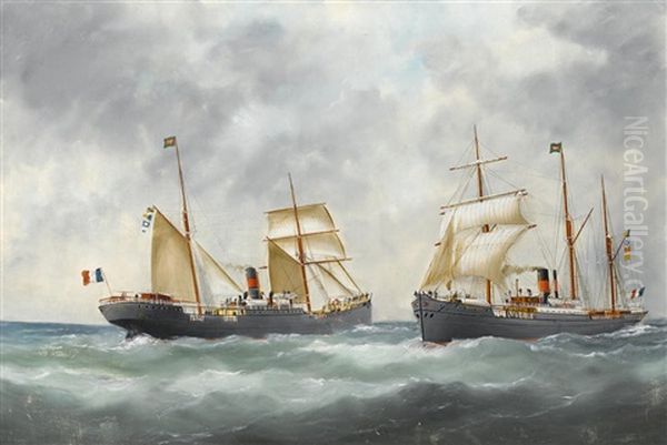 The Ships La Pacifique And Tropique Passing At Sea Oil Painting by Edouard Adam