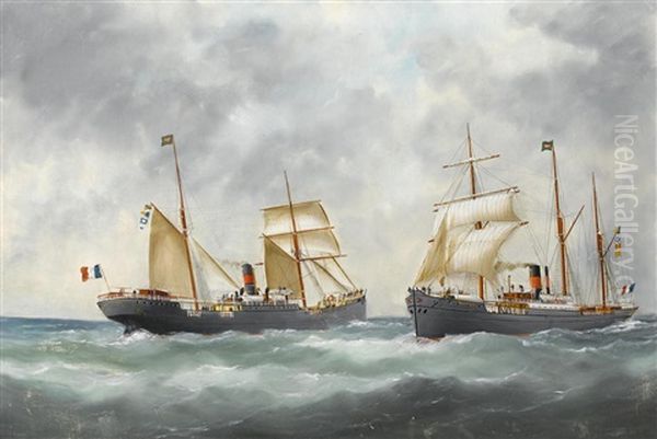 The Ships La Pacicique And Tropique Passing At Sea Oil Painting by Edouard Adam